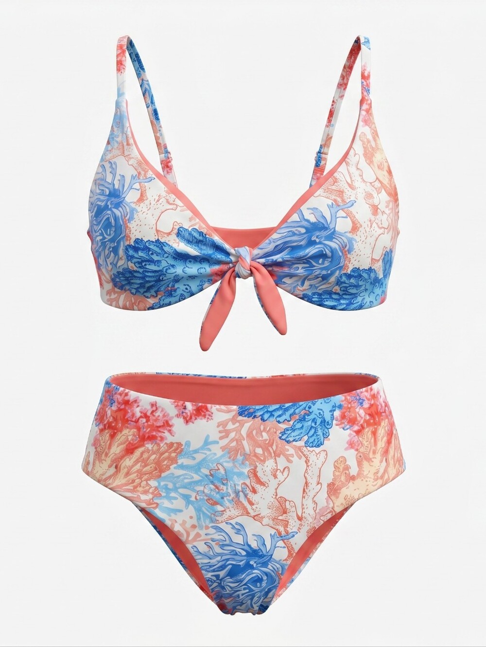 Leonisa Swimwear Bikini Set Coral Print Tie Front Top